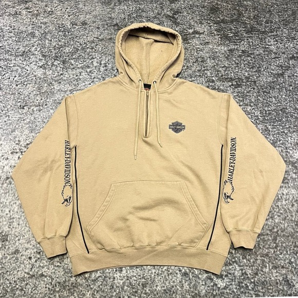 Harley-Davidson Other - Vintage Harley Davidson Hoodie 1/4 Zip‎ Mens Medium Tan Embroidered Logo Y2K